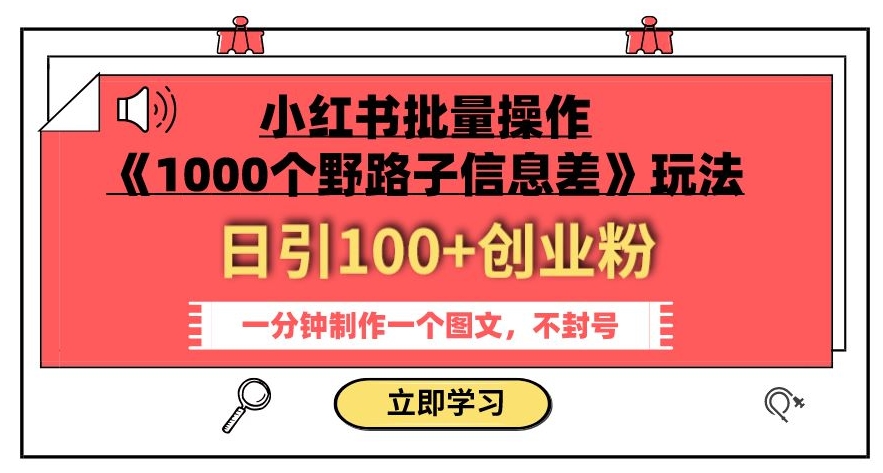 小红书批量操作《1000个野路子信息差》玩法，一分钟制作一个图文，不封号，日引100+创业粉-金融资料分享
