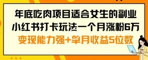 年底吃肉项目适合女生的副业小红书打卡玩法一个月涨粉6万+变现能力强+单月收益5位数【揭秘】-金融资料分享