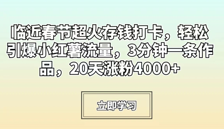 临近春节超火存钱打卡，轻松引爆小红薯流量，3分钟一条作品，20天涨粉4000+【揭秘】-金融资料分享