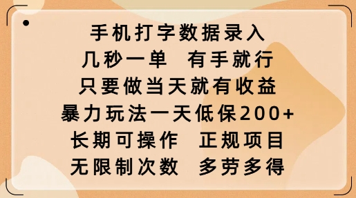 手机打字数据录入,几秒一单,有手就行,只要做当天就有收益,暴力玩法一天低保2张-金融资料分享