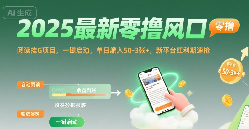 2025最新零撸风口，阅读挂G项目，一键启动，单日躺入 50-3张+，新平台红利期速抢【揭秘】-金融资料分享