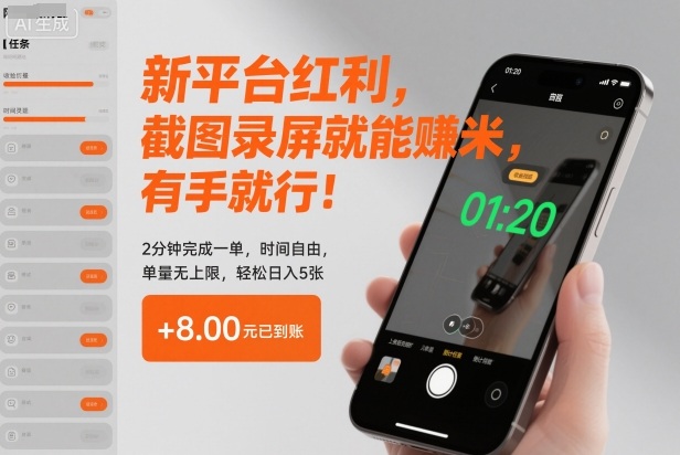 新平台红利,截图录屏就能賺米,有手就行!2分钟完成一单,时间自由,单量无上限,轻松日入5张【揭秘】-金融资料分享