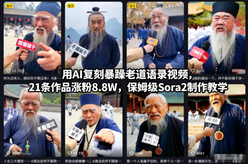 用AI复刻暴躁老道语录视频,21条作品涨粉8.8W,保姆级Sora2制作教学-金融资料分享
