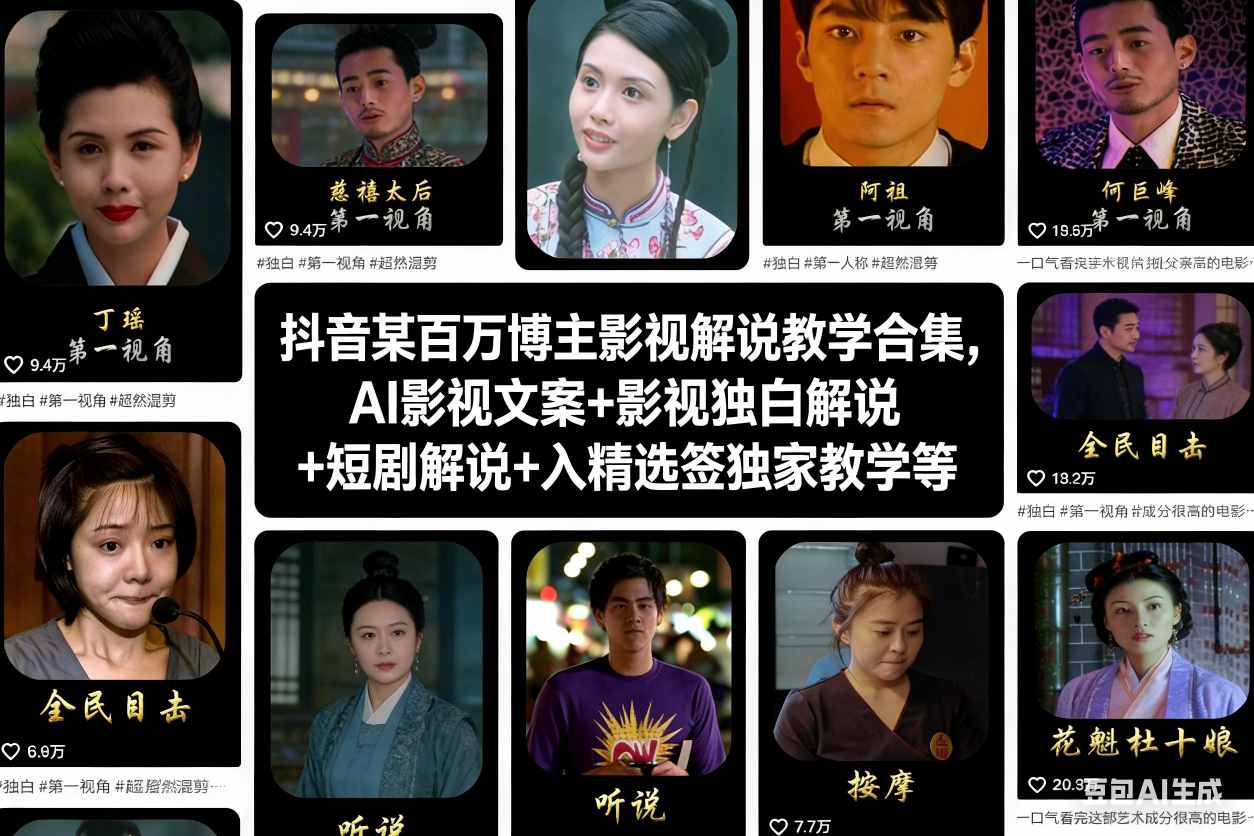 抖音某百万博主影视解说教学合集,AI影视文案+影视独白解说+短剧解说+入精选签独家教学等-金融资料分享