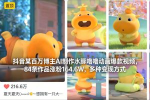 抖音某百万博主AI制作水豚噜噜动画爆款视频,84条作品涨粉164.6W,多种变现方式-金融资料分享
