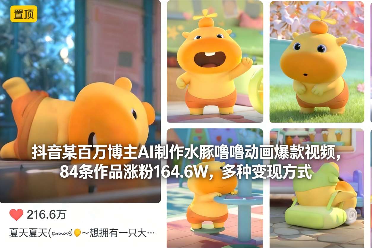 抖音某百万博主AI制作水豚噜噜动画爆款视频,84条作品涨粉164.6W,多种变现方式-金融资料分享