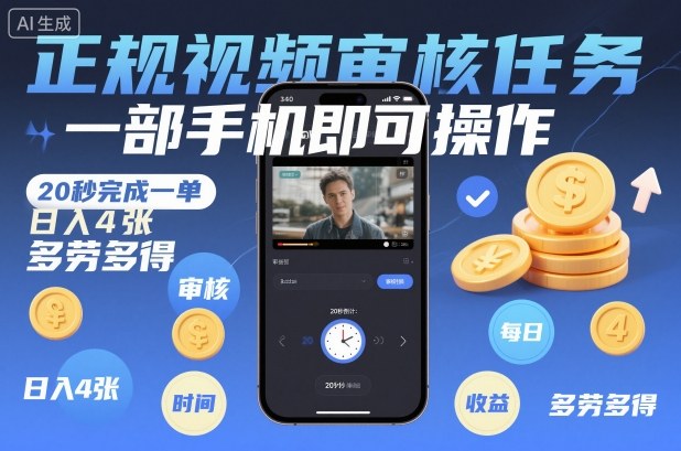 正规视频审核任务，一部手机即可操作，20秒完成一单，日入4张，多劳多得【揭秘】-金融资料分享