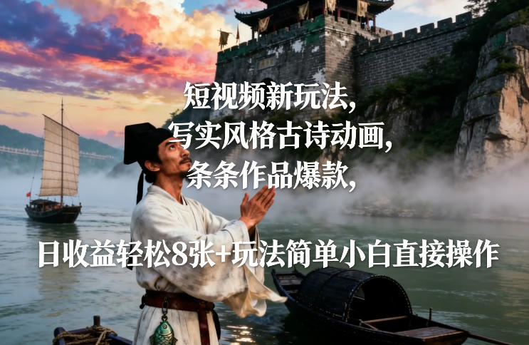 短视频新玩法,写实风格古诗动画,条条作品爆款,日收益轻松8张+玩法简单小白直接操作-金融资料分享