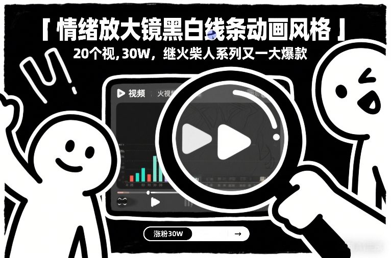 情绪放大镜黑白线条动画风格，20个视频，涨粉30W，继火柴人系列又一大爆款-金融资料分享